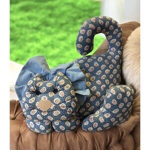 Vintage Country Cat Fabric w/ Flowers Door Stopper Dusty Blue farmhouse decor